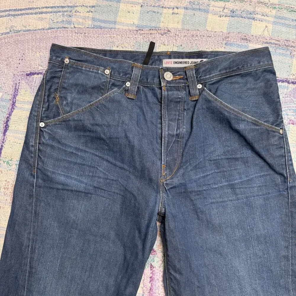Vintage Levis Engineered Jeans Mens Blue Dark Wash Twisted Hemmed Fits 35x28